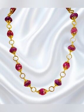 Purple and Gold Bead Necklace with gold leaf beads, gold plated round links New